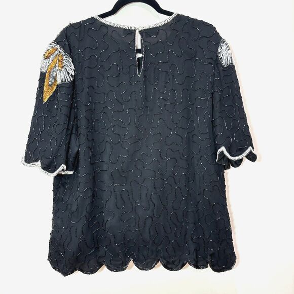 Vintage Denise Elle Beaded Sequin Top Womens 3X Gold Black Disco 80s Art Deco - Picture 8 of 13